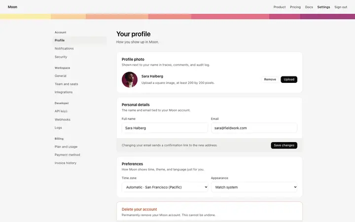 Account settings page template for SaaS