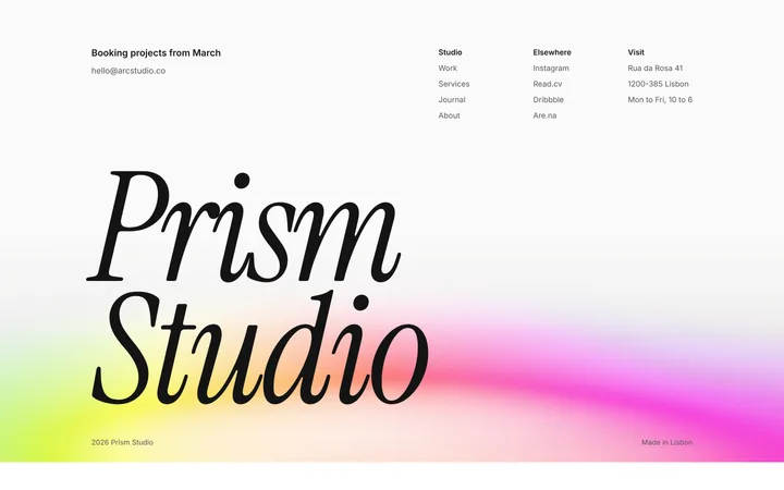 Agency footer with big serif logo