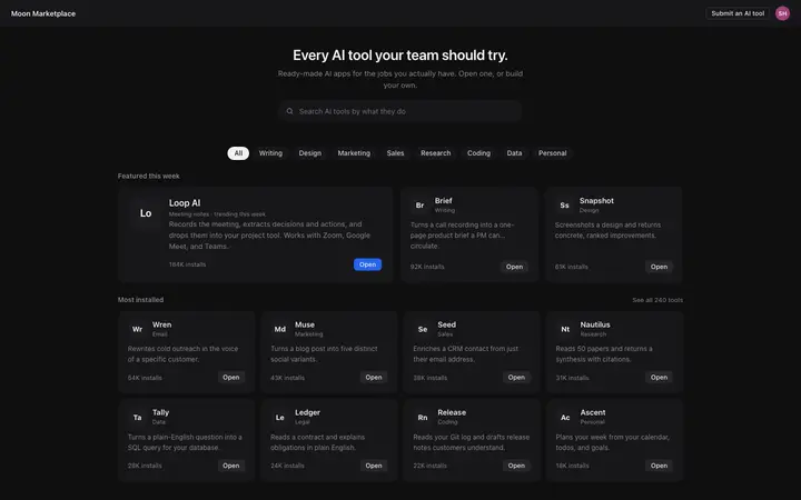 AI app marketplace UI for vibe coding