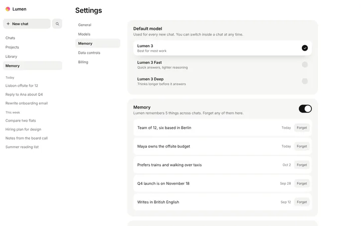 AI SaaS settings and memory page template