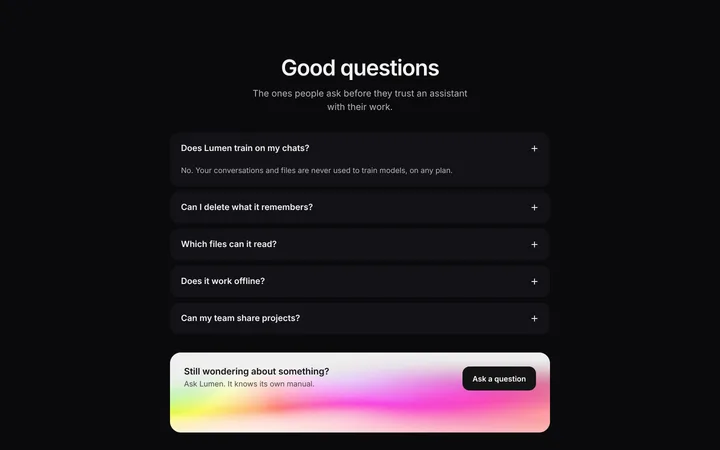 AI FAQ section for SaaS with dark accordion