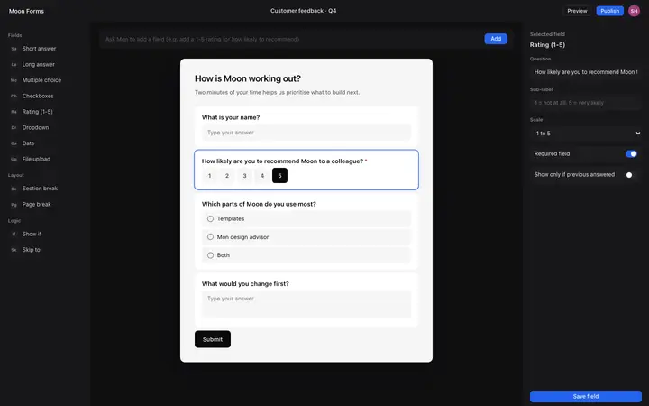 AI form builder UI for vibe coding