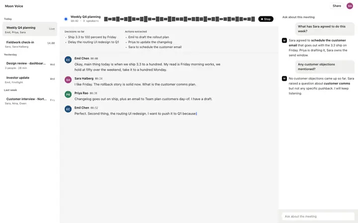 AI meeting notes UI for vibe coding