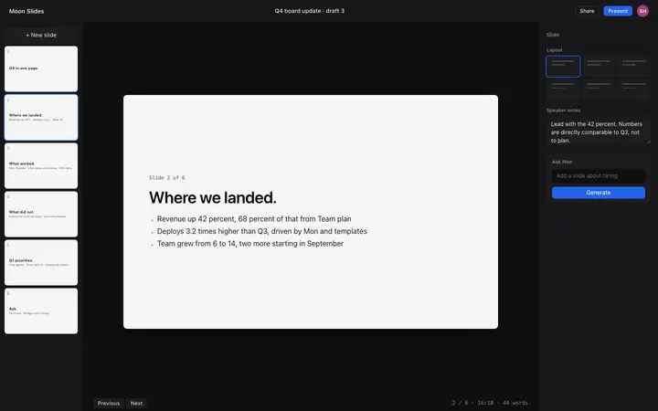 AI presentation builder UI for vibe coding