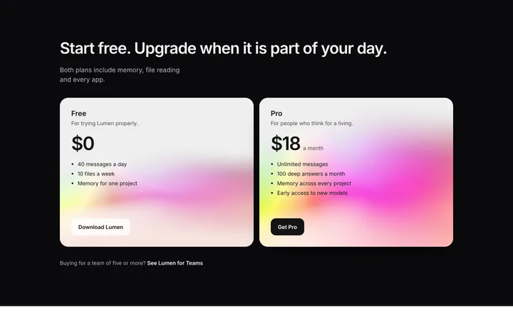 AI pricing section for SaaS with free and pro plans