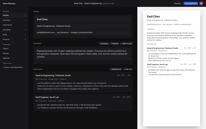 AI resume builder UI for vibe coding