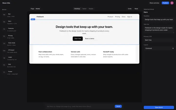 AI website builder UI for vibe coding