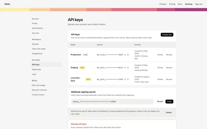 API keys page template for SaaS apps