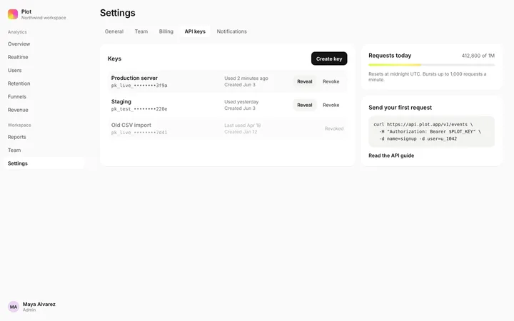 API keys page template for SaaS developer tools