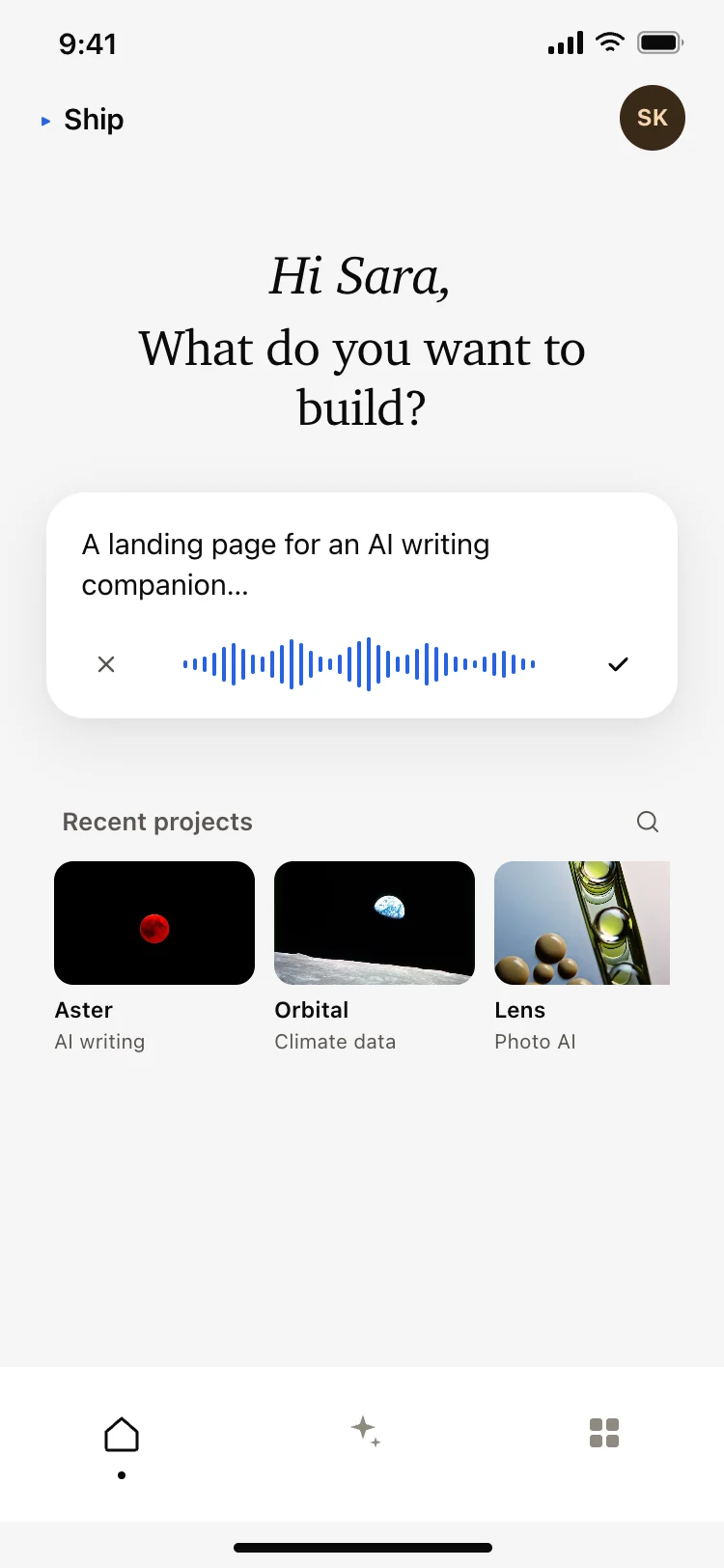 AI app builder home screen