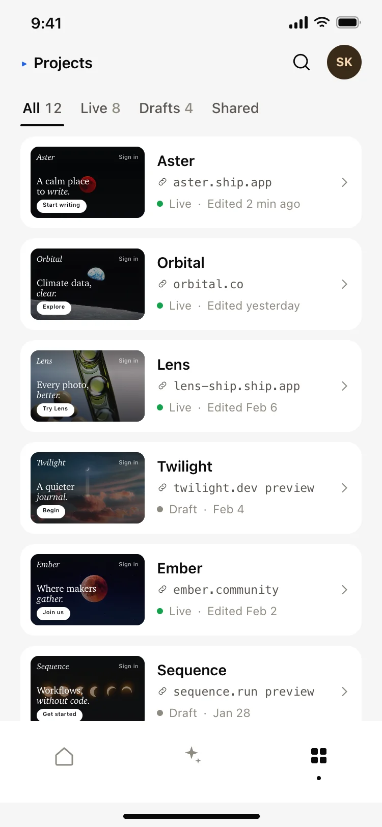 AI app builder projects screen