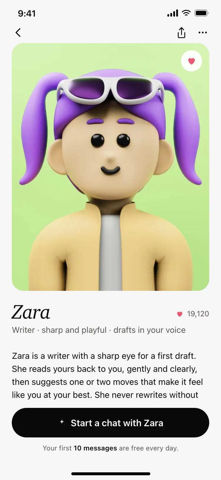 AI character profile screen