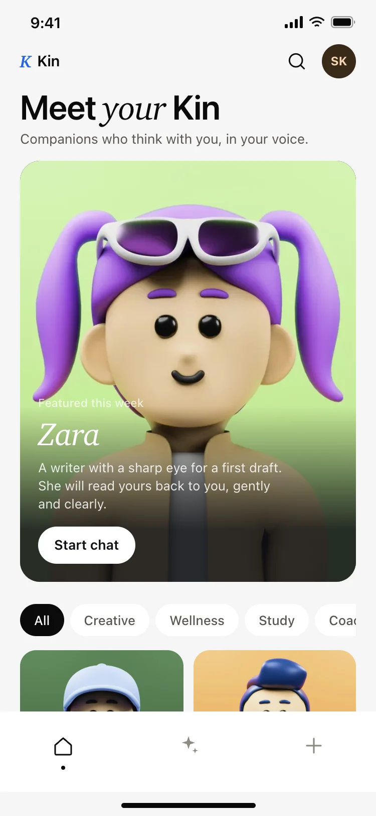AI companion app discover screen