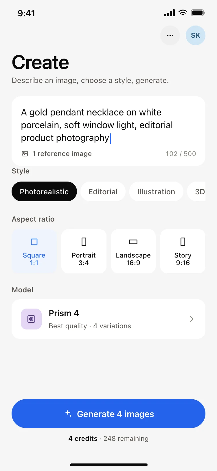 AI image generator app create screen