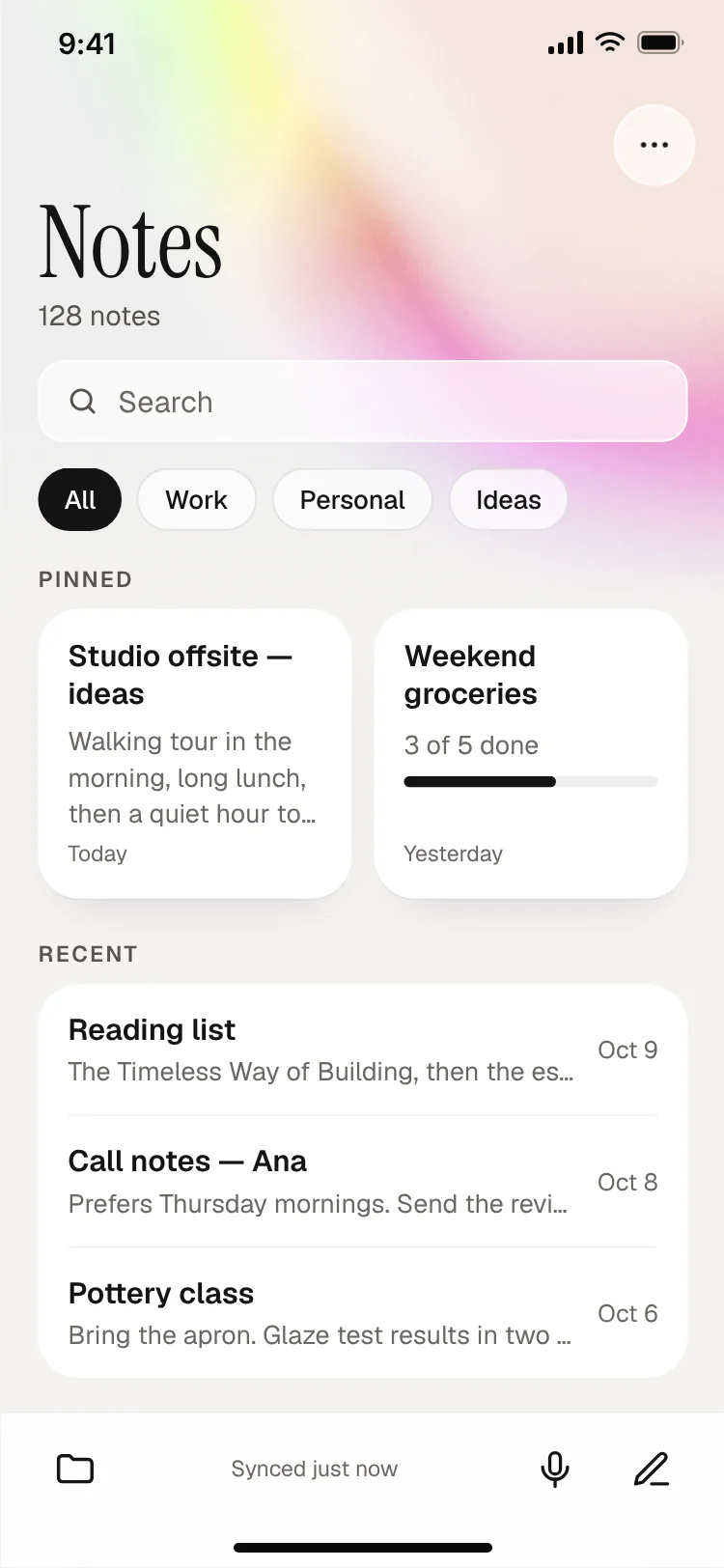 AI notes app home screen