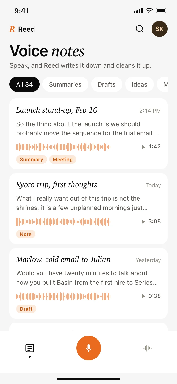 AI voice notes app home screen
