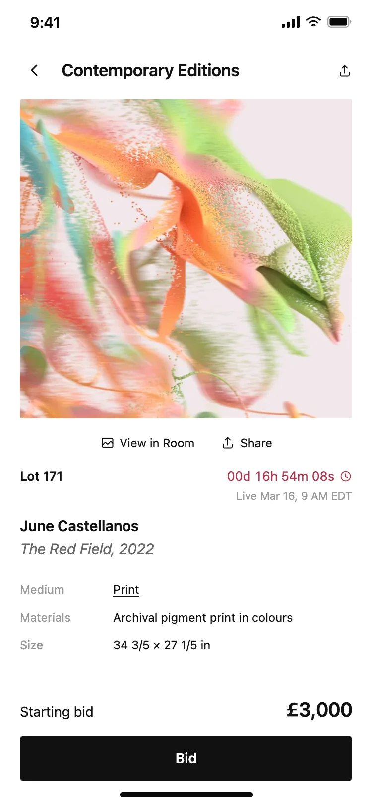Art auction app lot and bidding screen