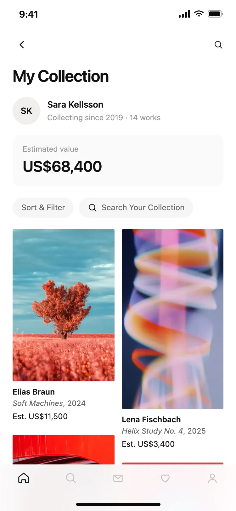 Art collection and portfolio app screen