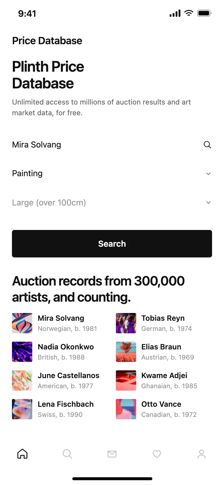 Art price database and auction results search screen
