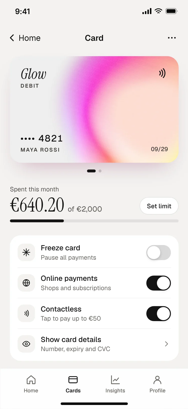 Bank card controls screen