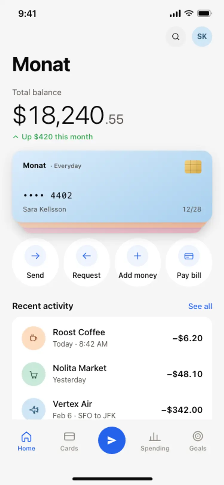 Banking app home screen
