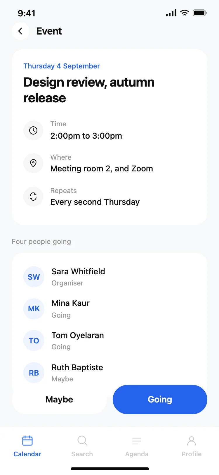 Calendar app event detail screen