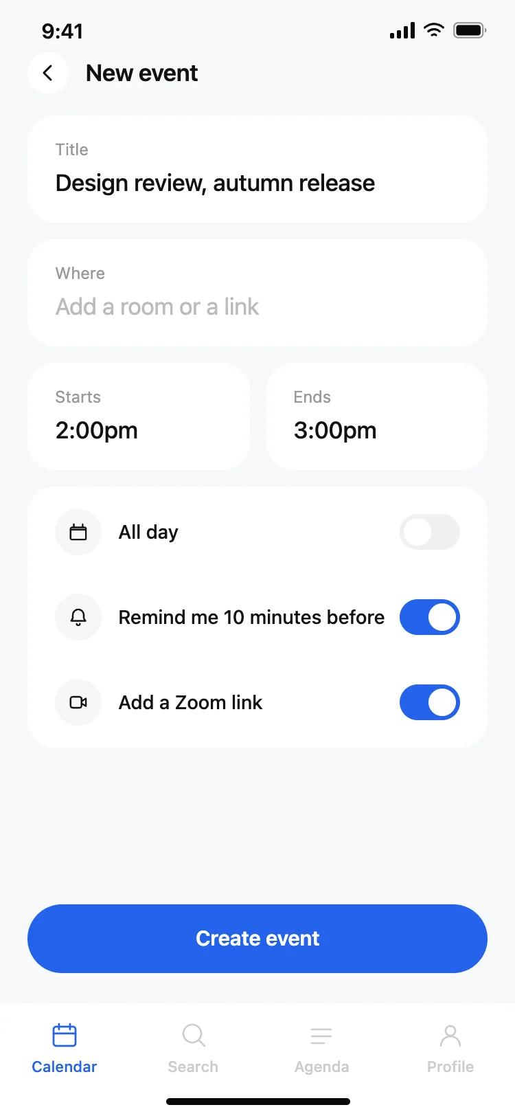 Calendar app new event screen