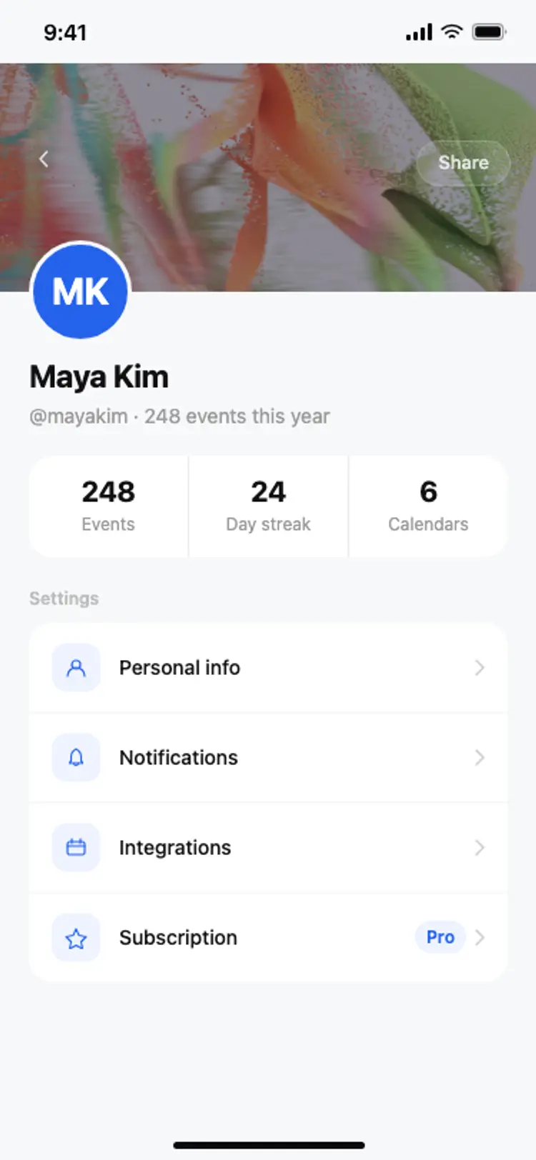 Calendar app profile screen