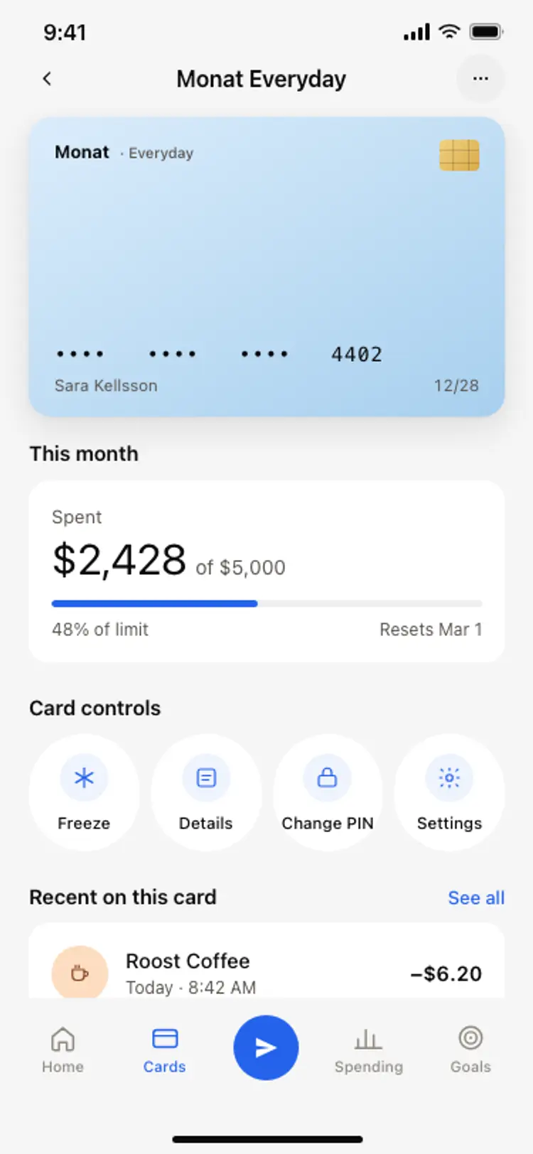 Bank card detail screen