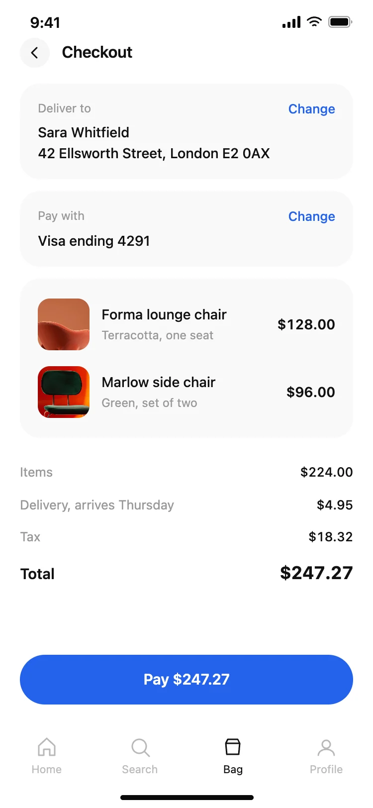 Shopping app checkout screen