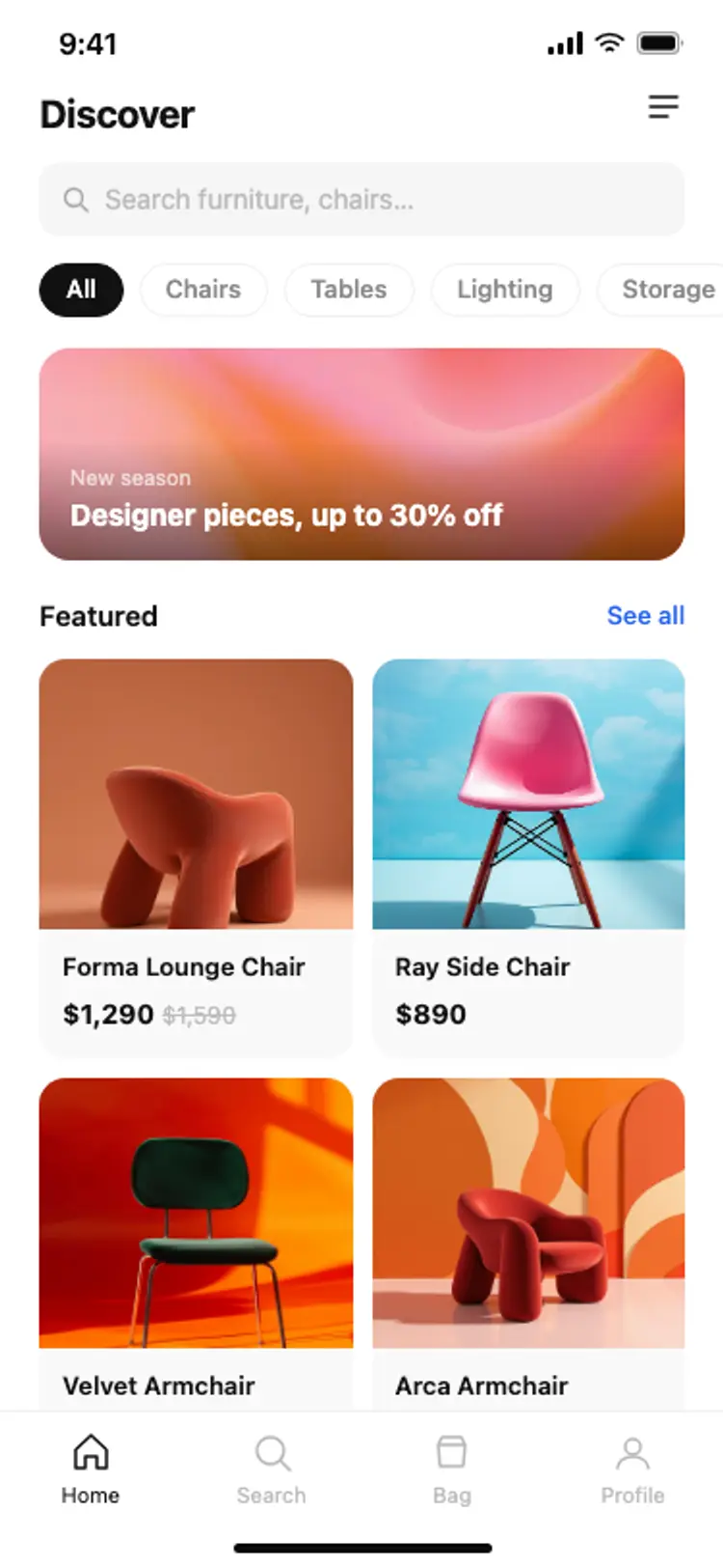 E-commerce app home: product feed