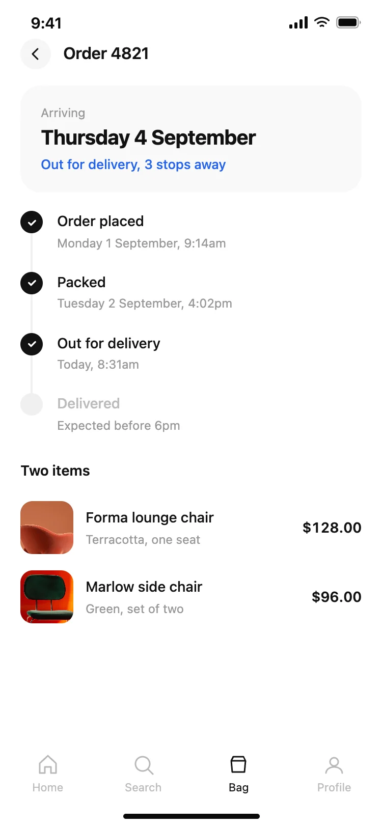 Shopping app order tracking screen