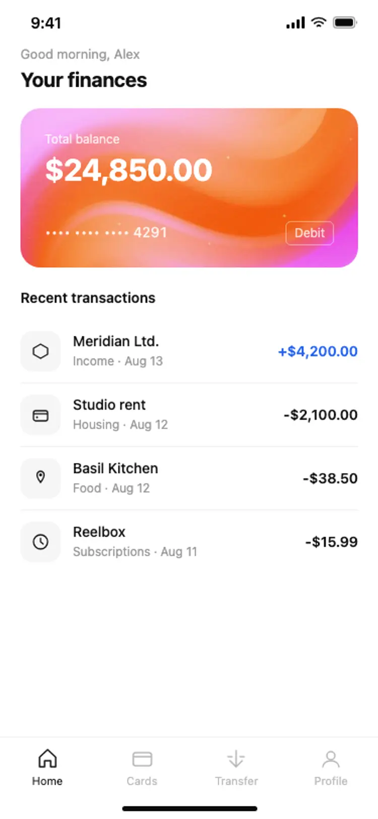 Finance app home: balance card