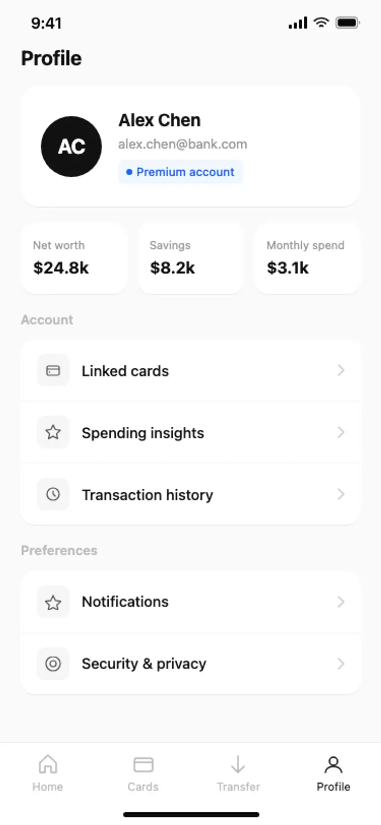 Finance app profile