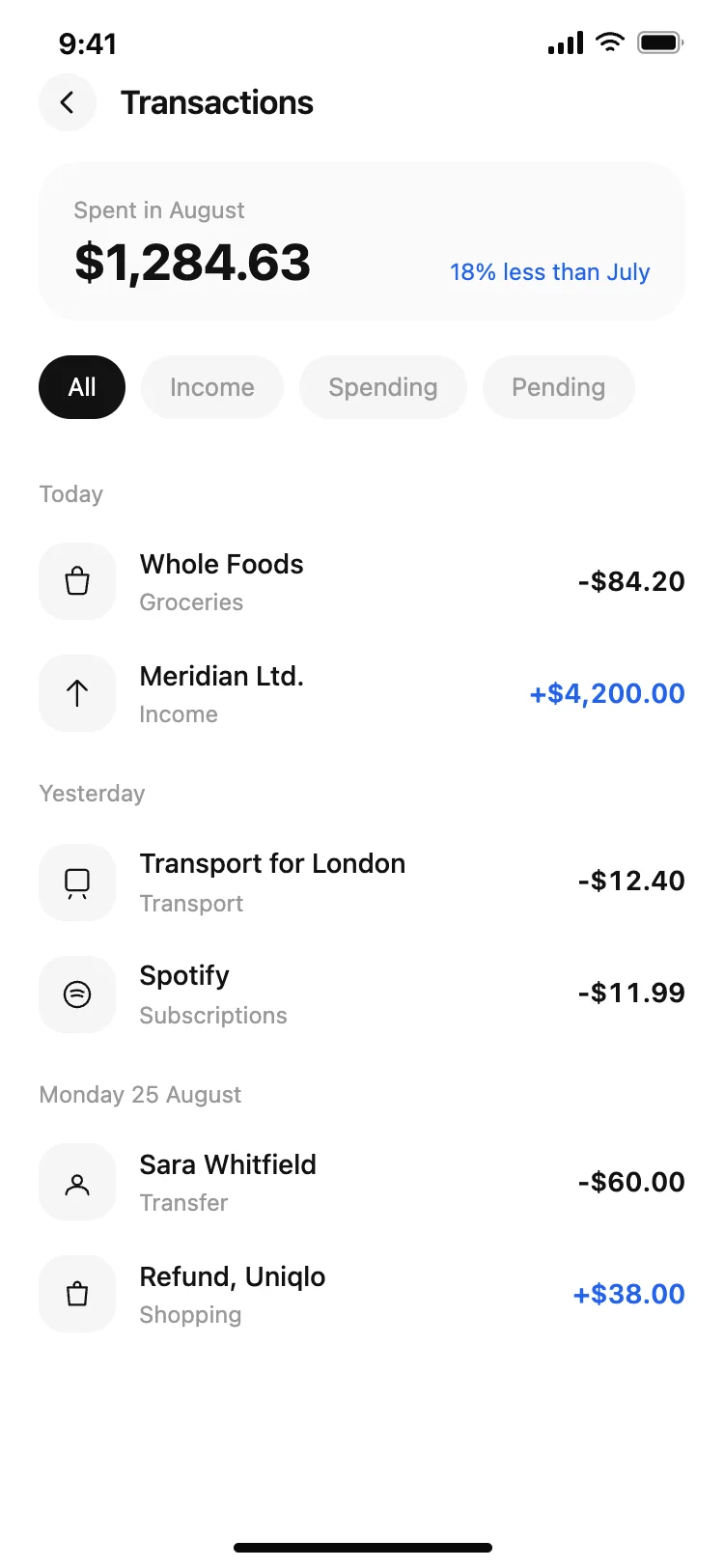 Finance app transaction list