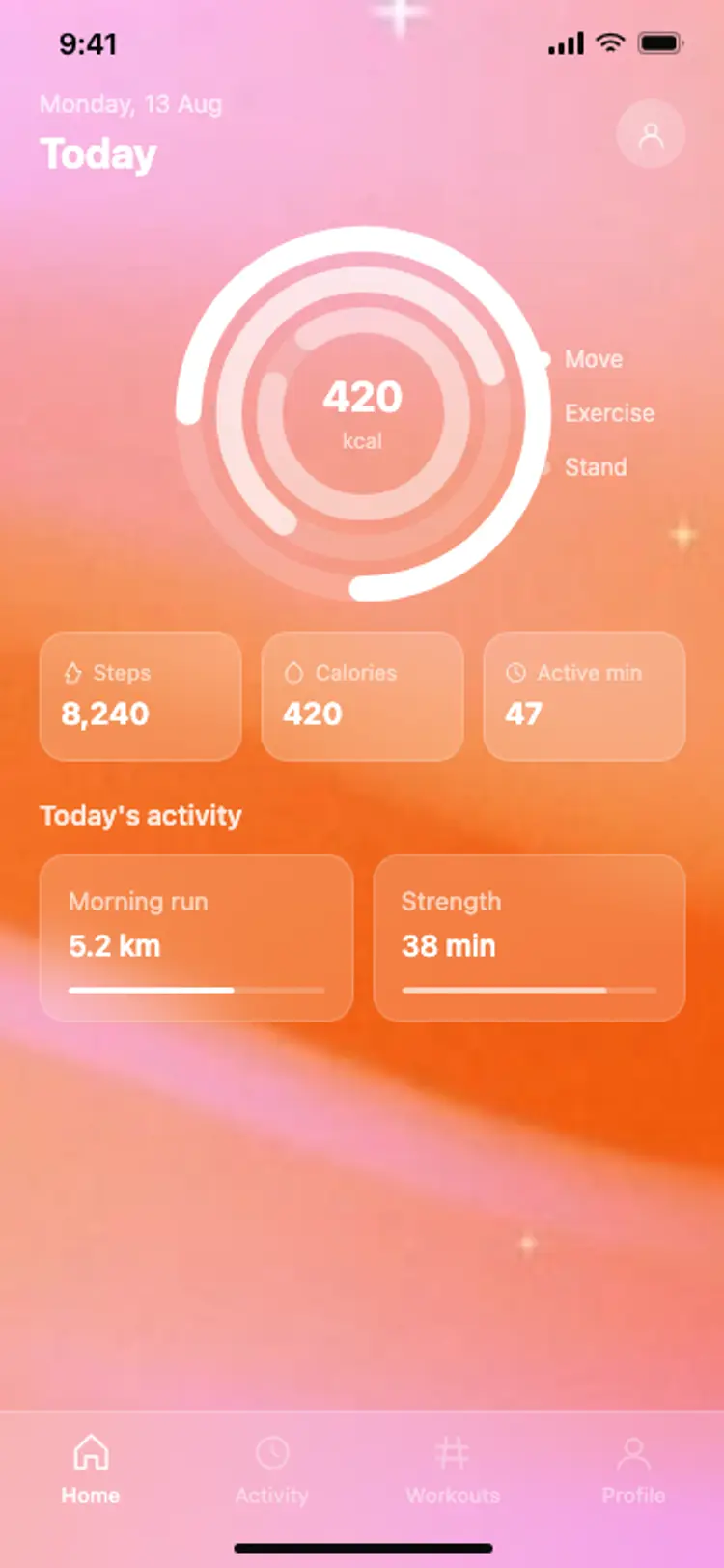 Fitness app home: activity rings