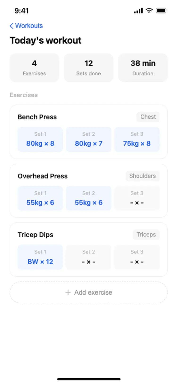 Fitness app workout log