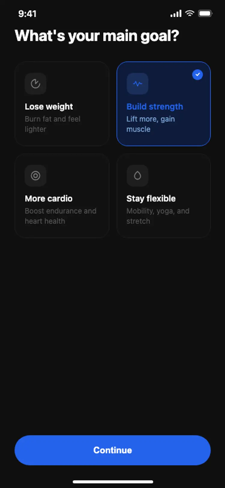 Fitness app onboarding: goal selection