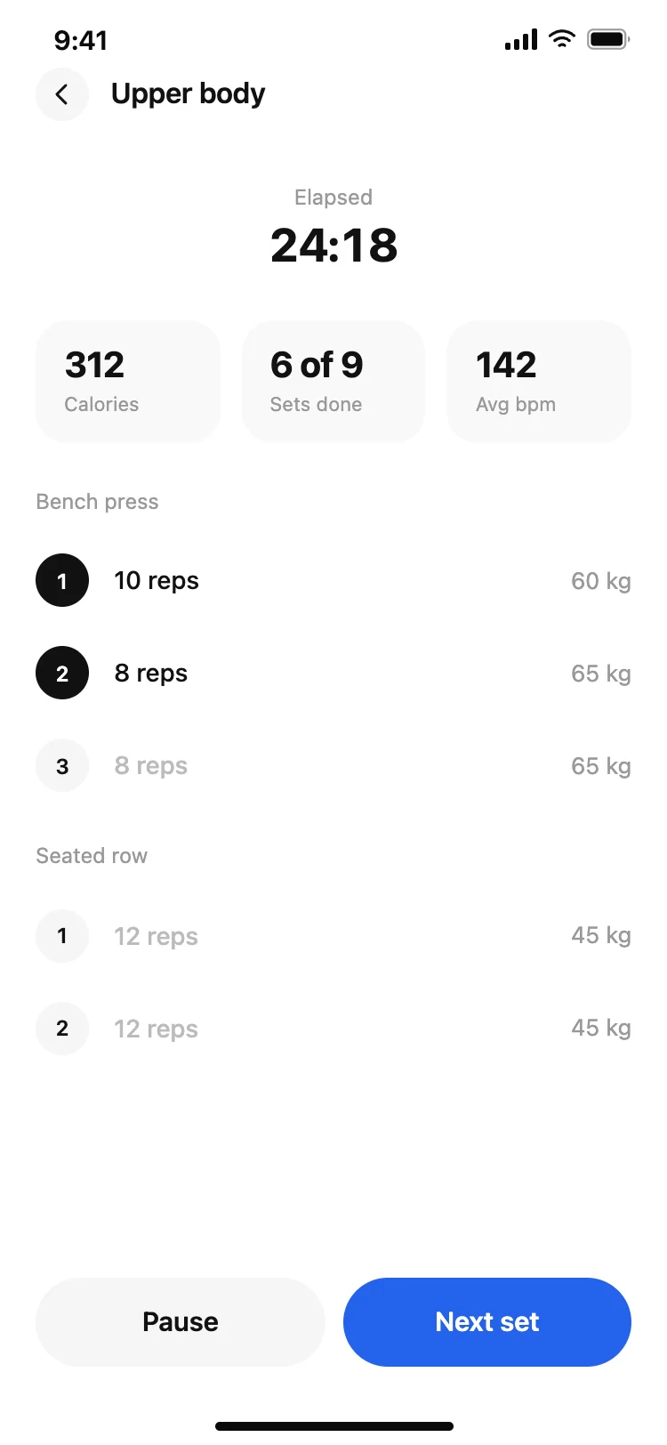 Fitness app active workout screen