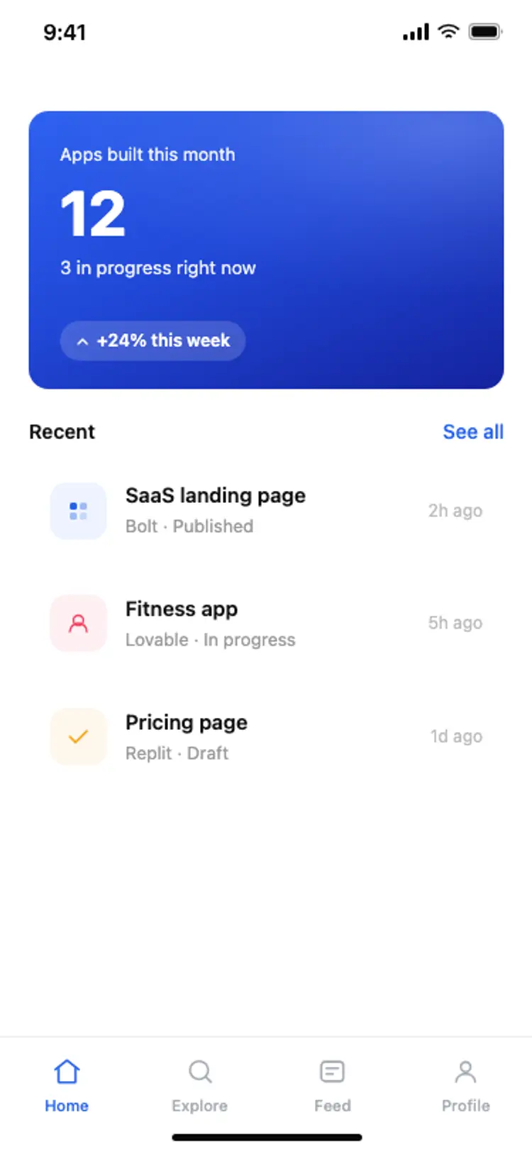 App home screen with dashboard card