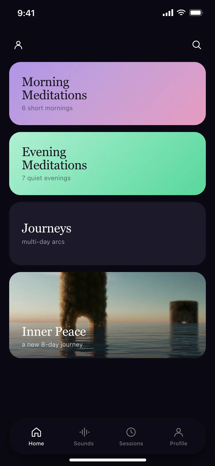 Meditation app home screen
