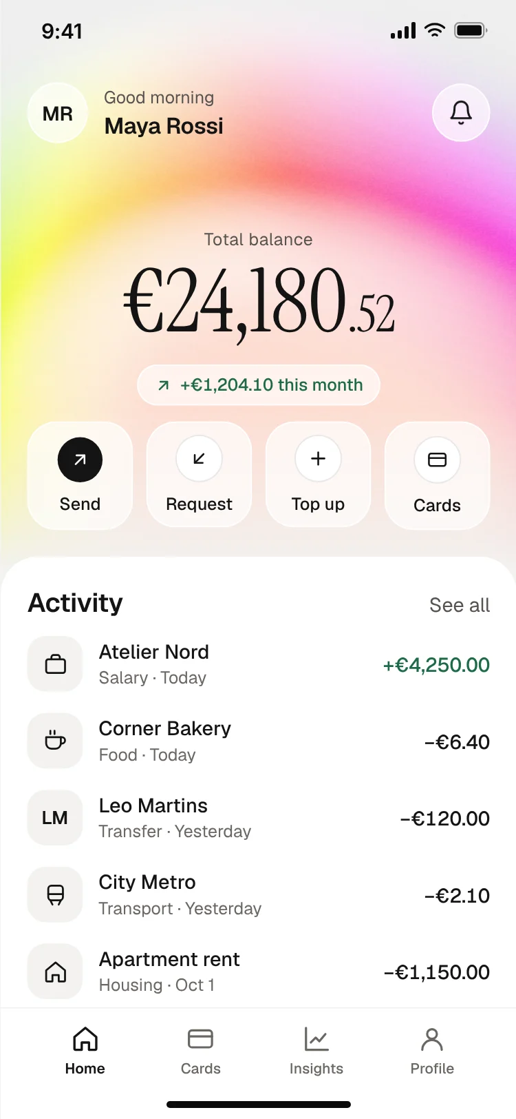 Neobank app home screen
