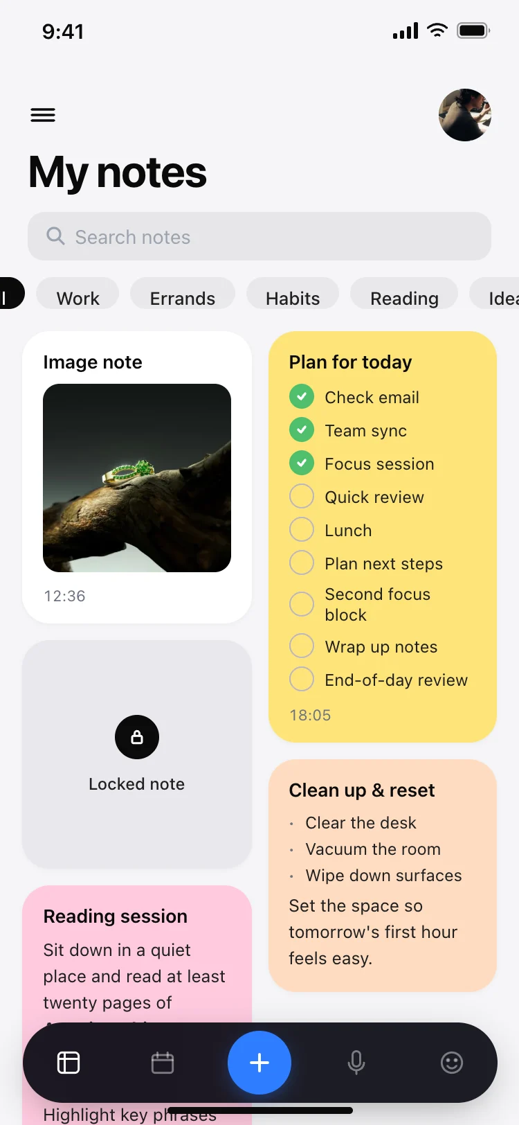 Notes app home screen