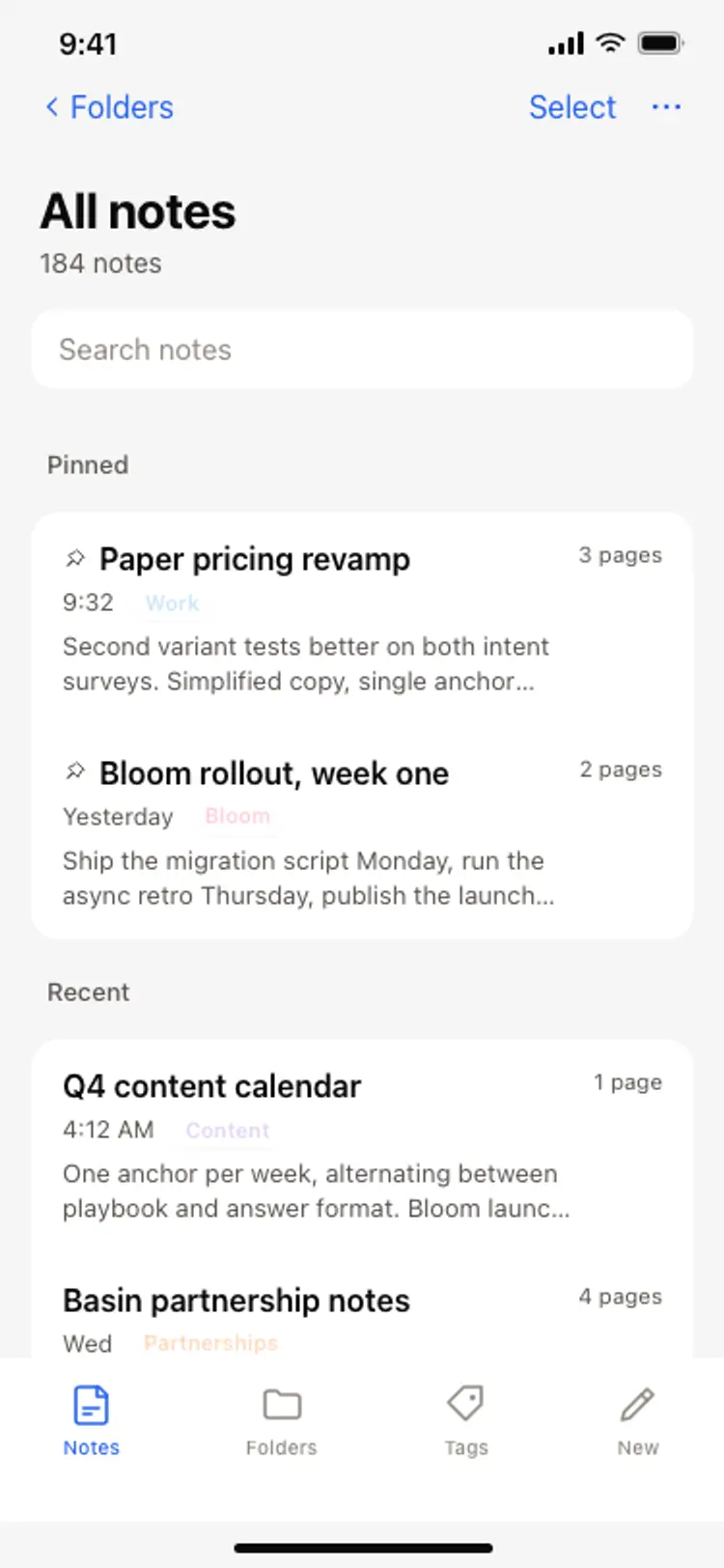 Notes app screen