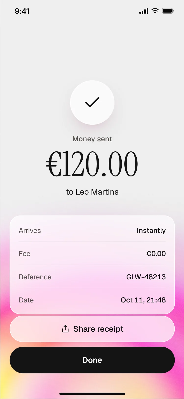 Payment sent receipt screen