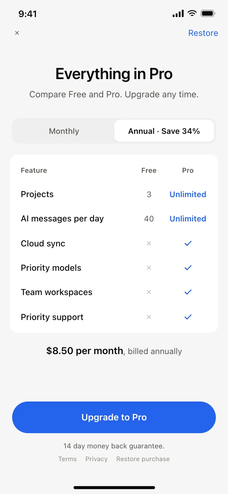 Paywall with plan comparison