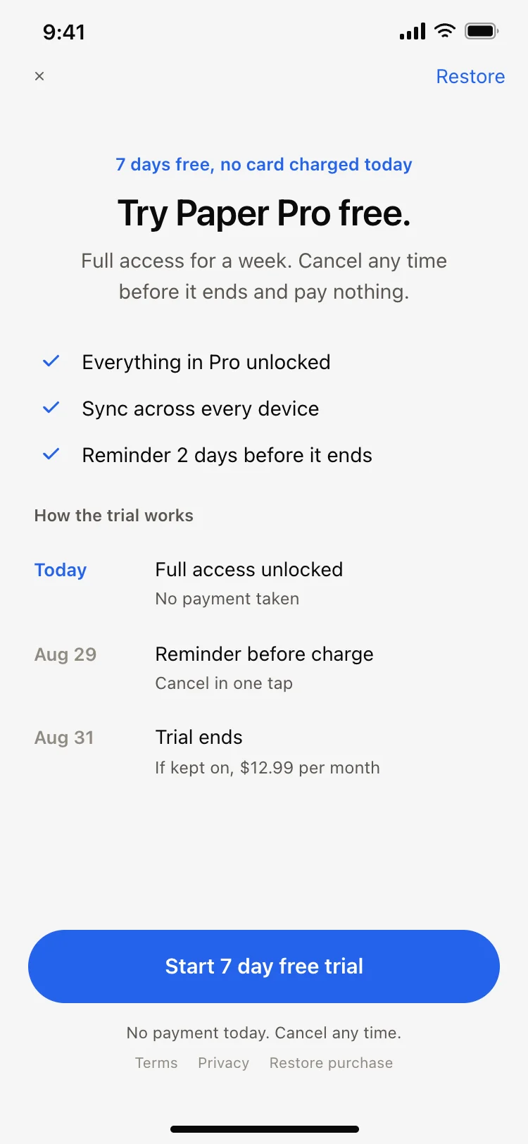 Free trial paywall screen