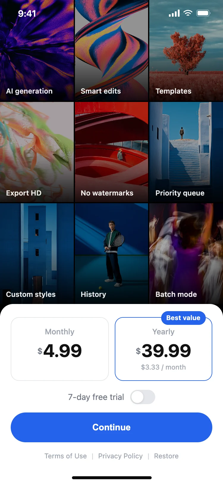 App paywall with feature grid
