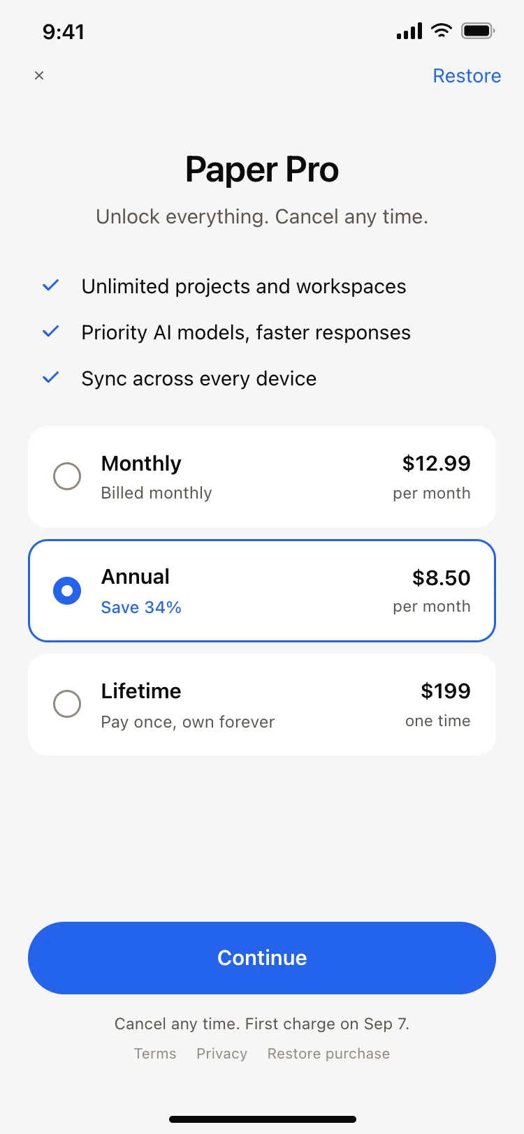 Tiered pricing paywall