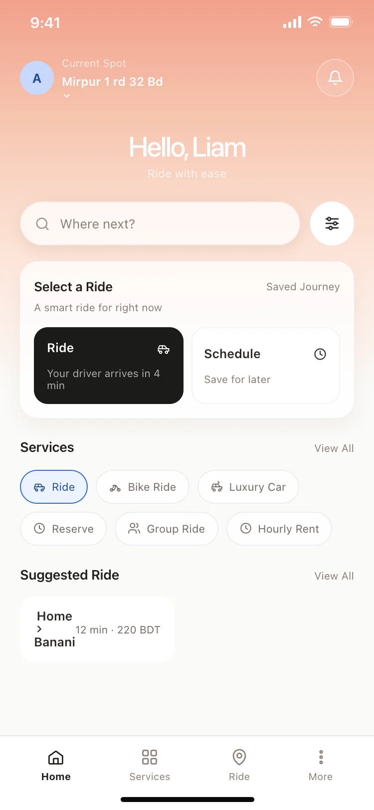 Ride booking app home screen